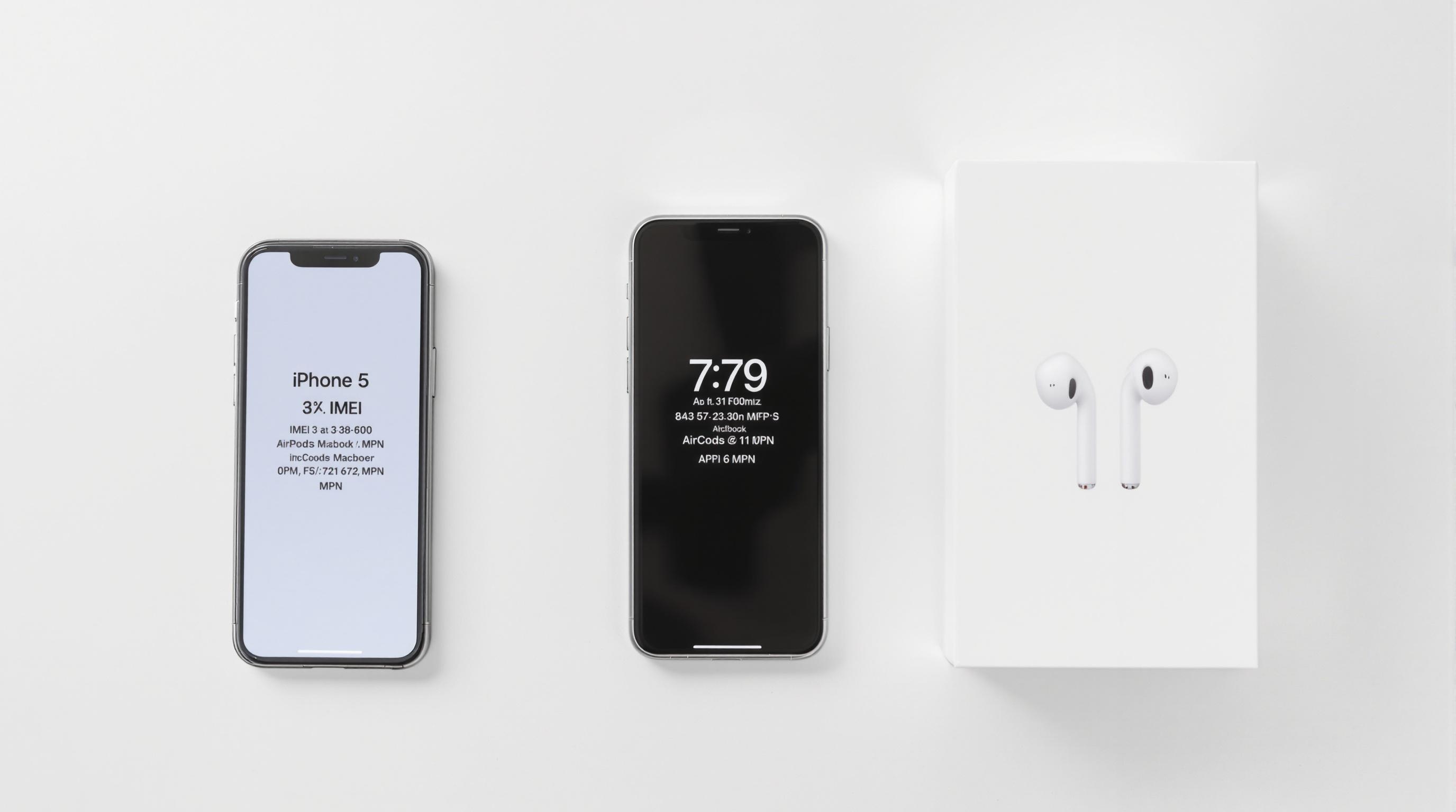 iPhone, MacBook et AirPods montrant IMEI serial et MPN
