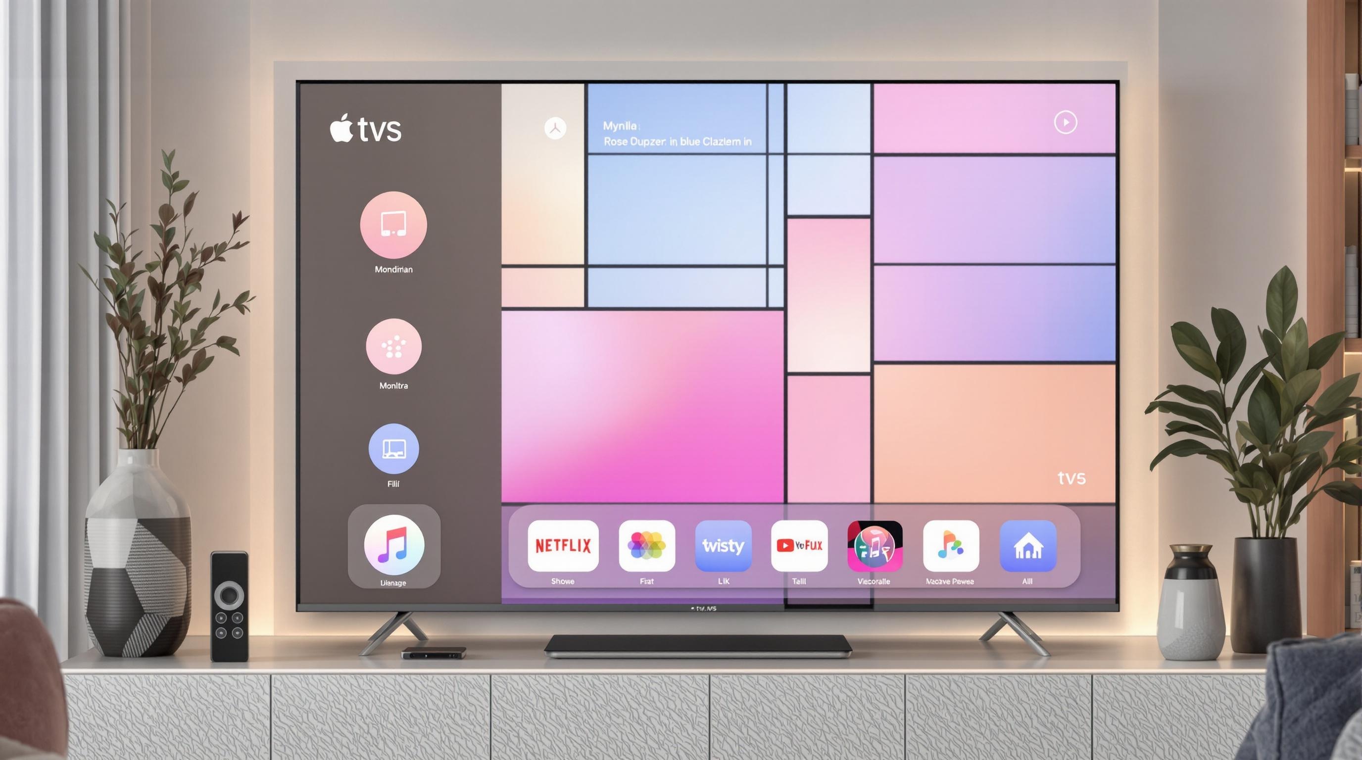 Écran d'accueil pastel de tvOS 2025 avec une grille inspirée de Mondrian