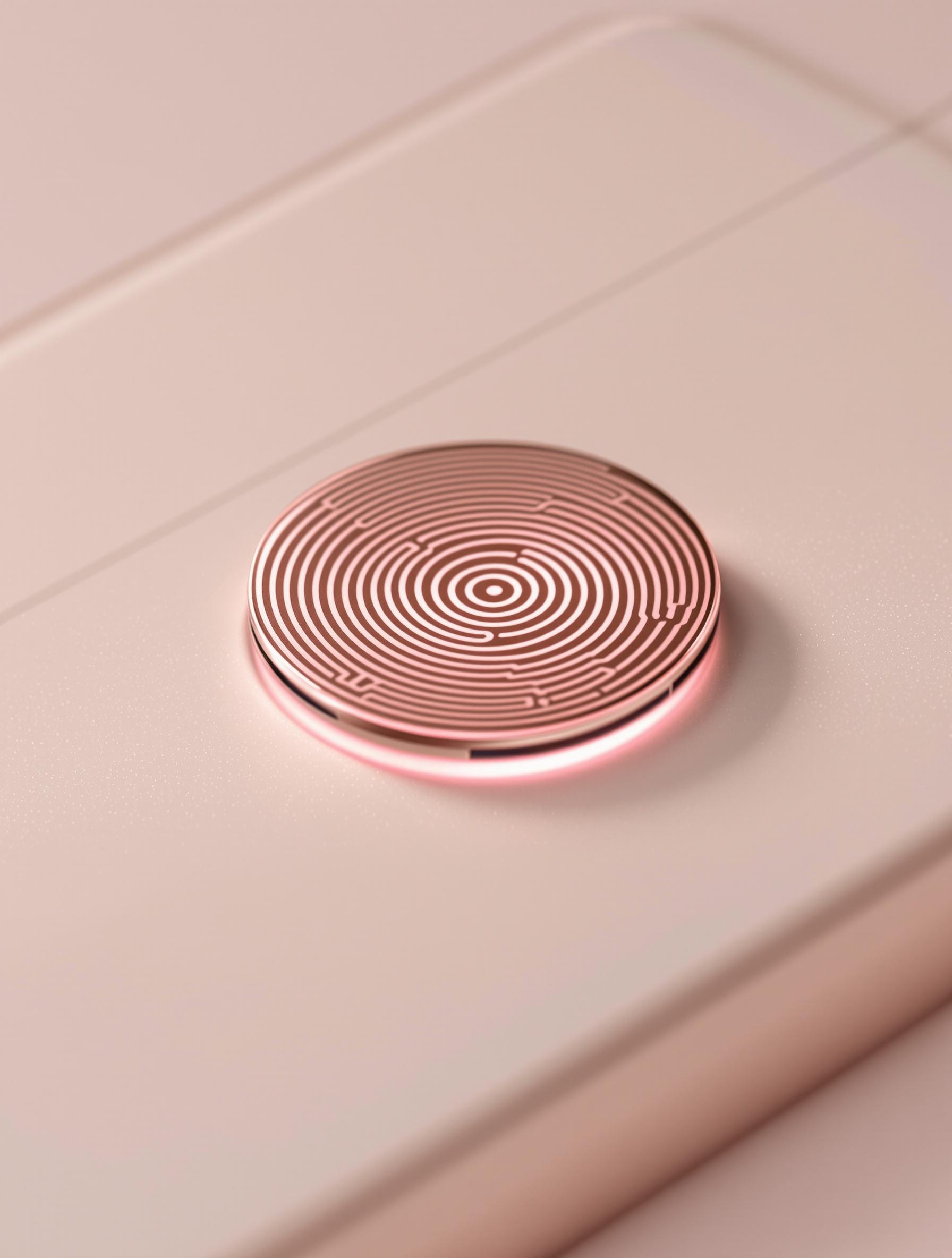 Le bouton Home de l’iPhone, élégant et rose quartz, sur fond blanc