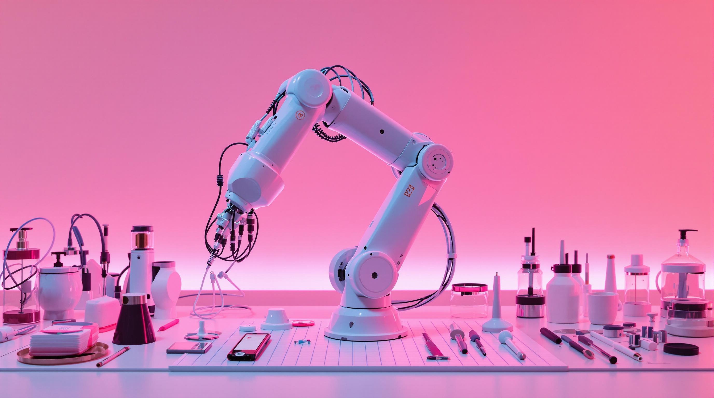 Bras robotique imprimé en 3D sous un éclairage rose quartz, illustrant la phase de prototypage mécatronique