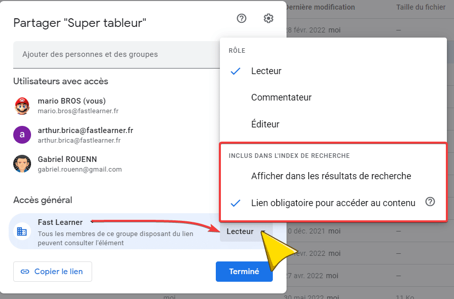 Capture d'écran du panneau de partage Google Drive