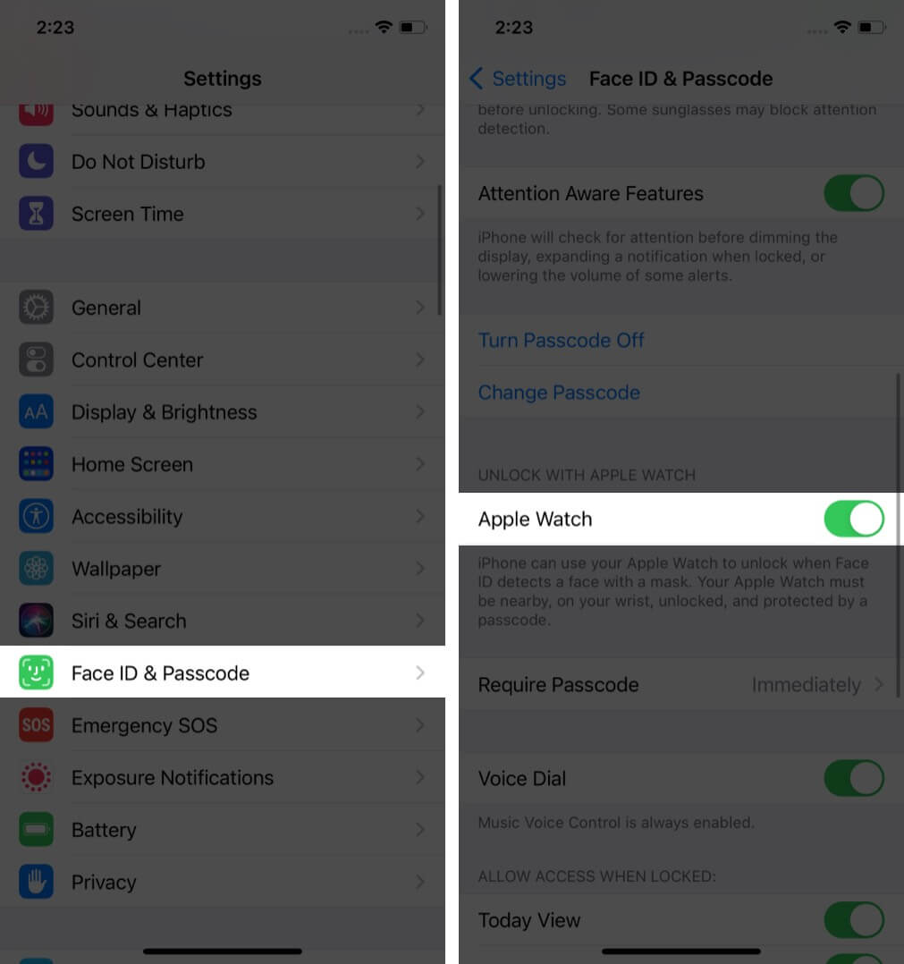 Capture d’écran des réglages iOS 14.5 montrant l’option Déverrouiller avec Apple Watch