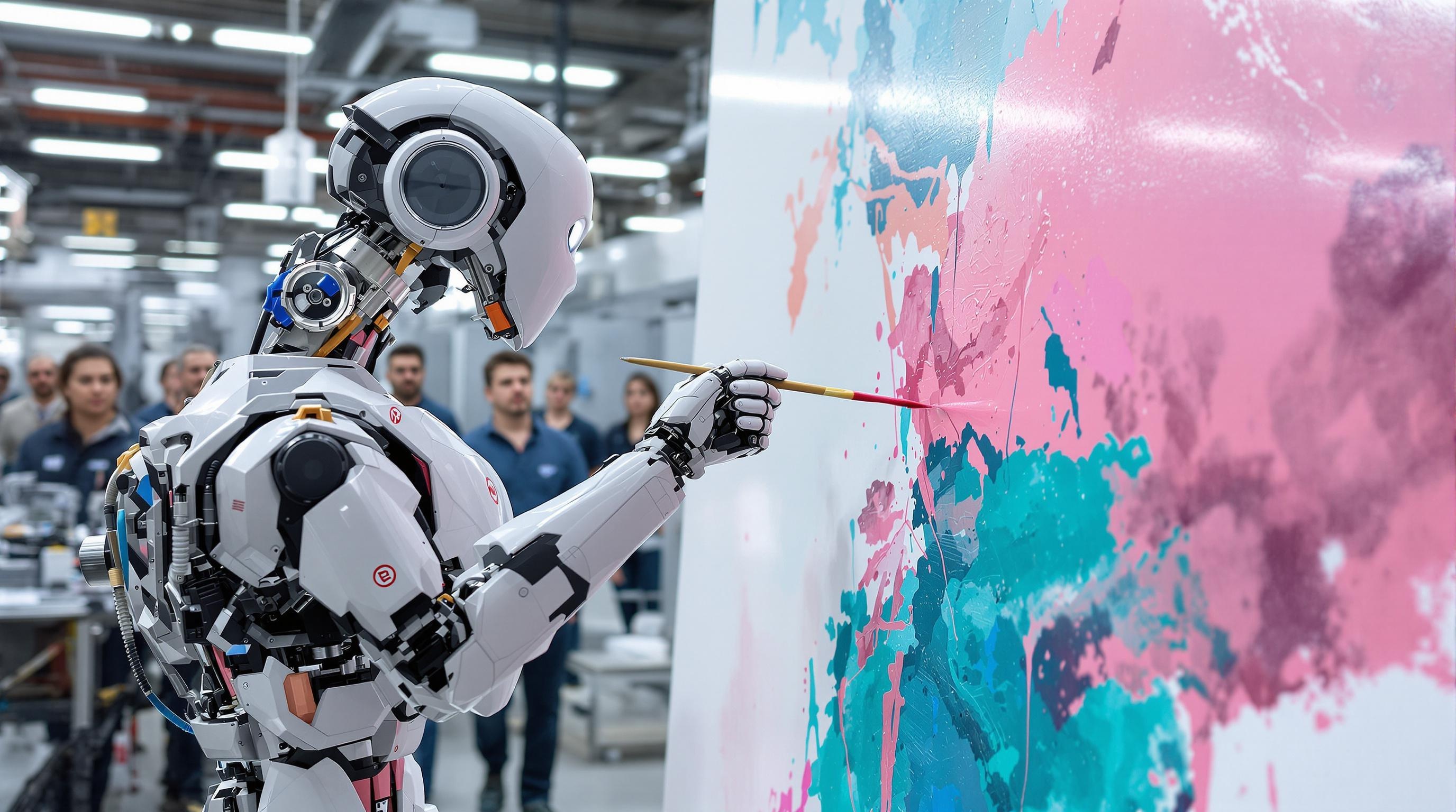 Un cobot peignant une toile abstraite dans une usine textile