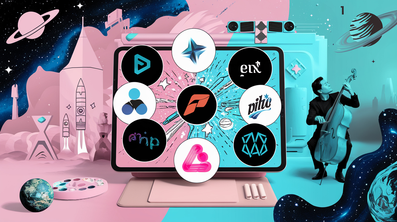 Collage digital des entreprises fondées par Elon Musk dessiné à la main sur tablette graphique rose pastel