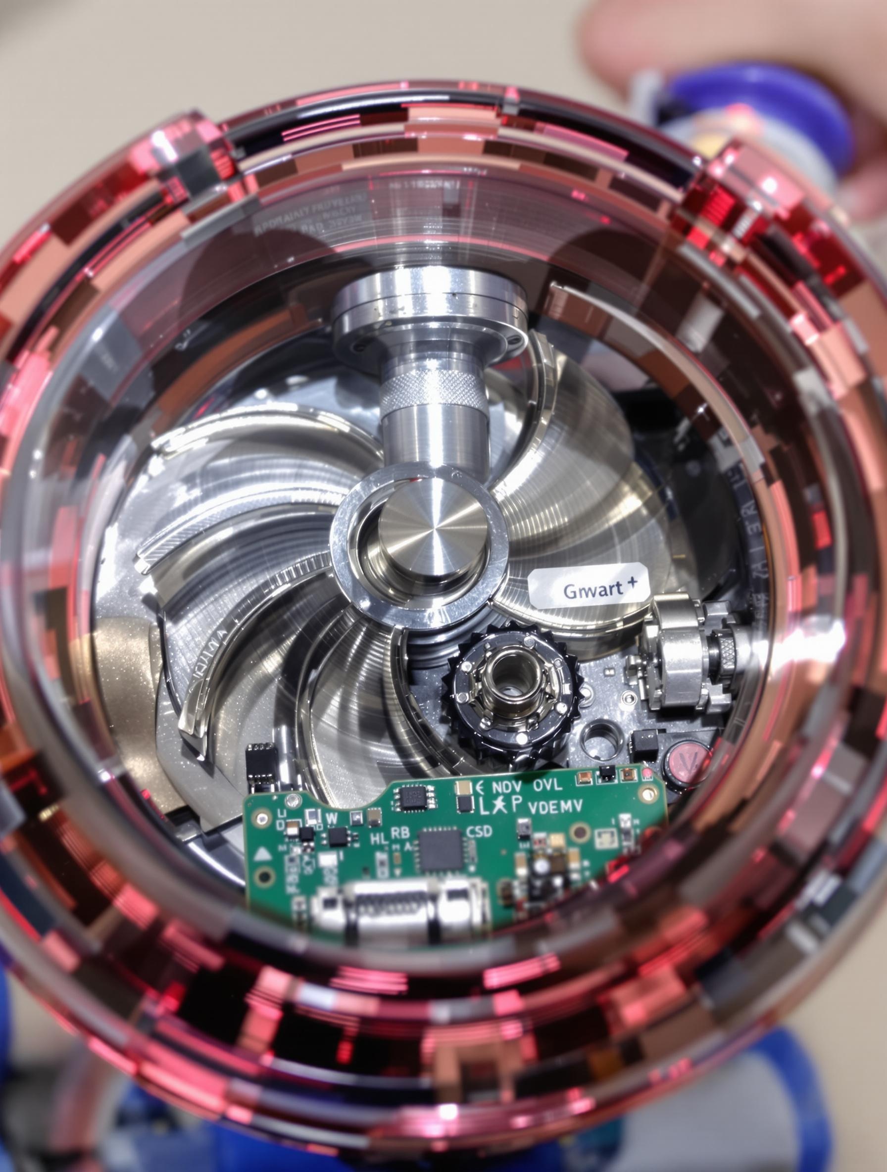 Vue rapprochée d’un compteur d’eau intelligent ouvert, mettant en évidence la turbine interne, le circuit radiofréquence et le boîtier rose quartz.