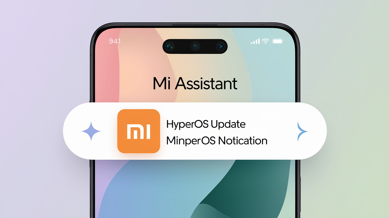 Smartphone Xiaomi affichant notification mise à jour HyperOS réussie, icône Mi Assistant.