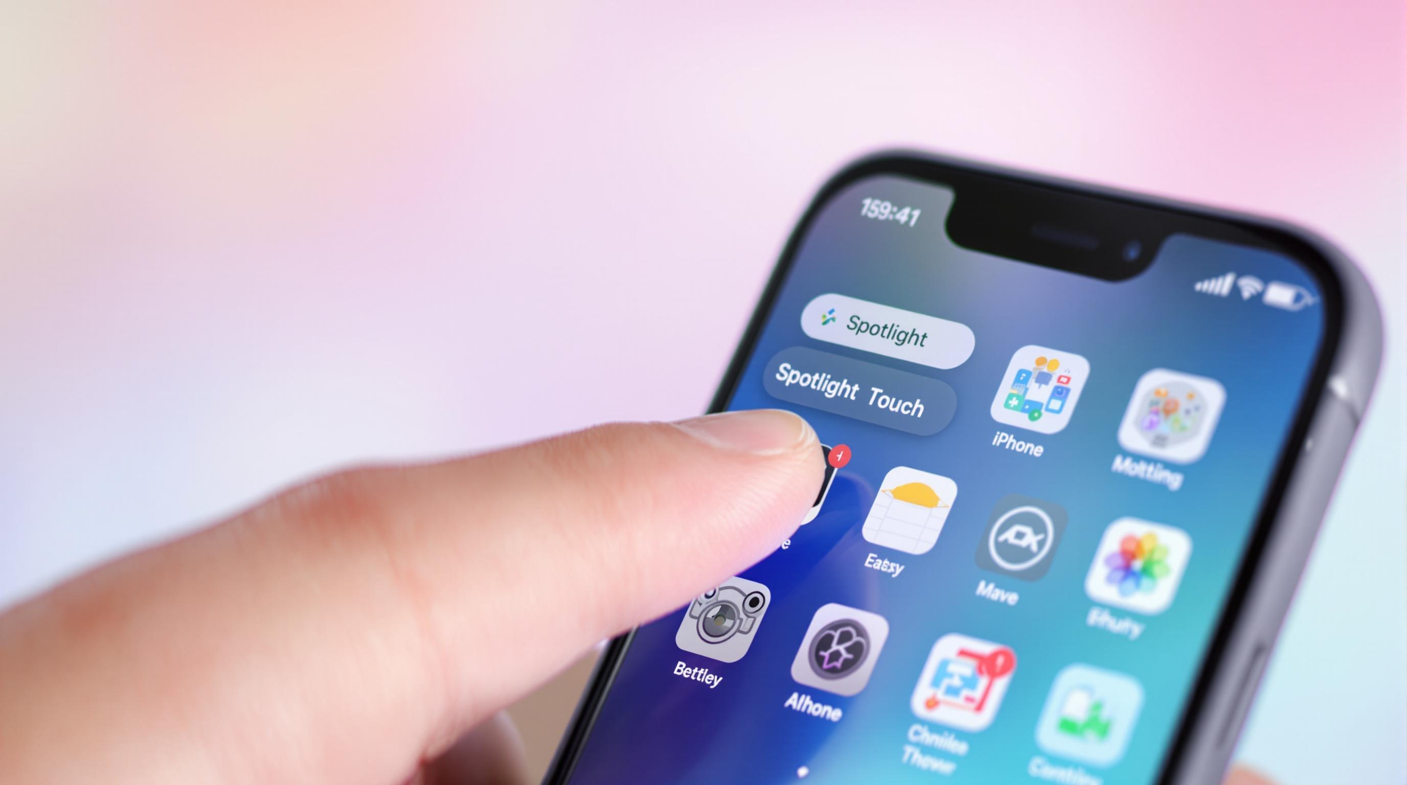 Recherche Spotlight sur iPhone montrant un doigt en action et des apps en mouvement.