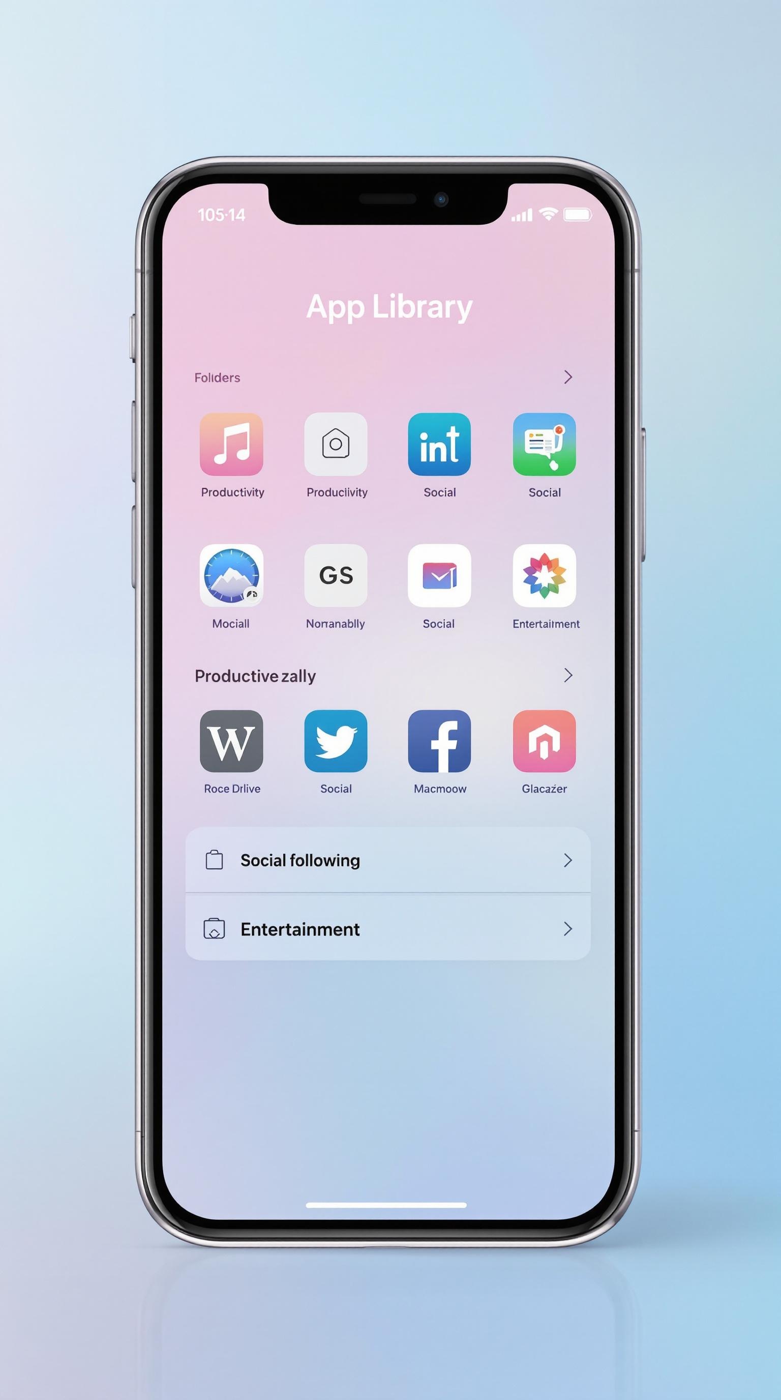Bibliothèque d’apps sur iPhone avec iOS 14, montrant les catégories et l’alignement chromatique.