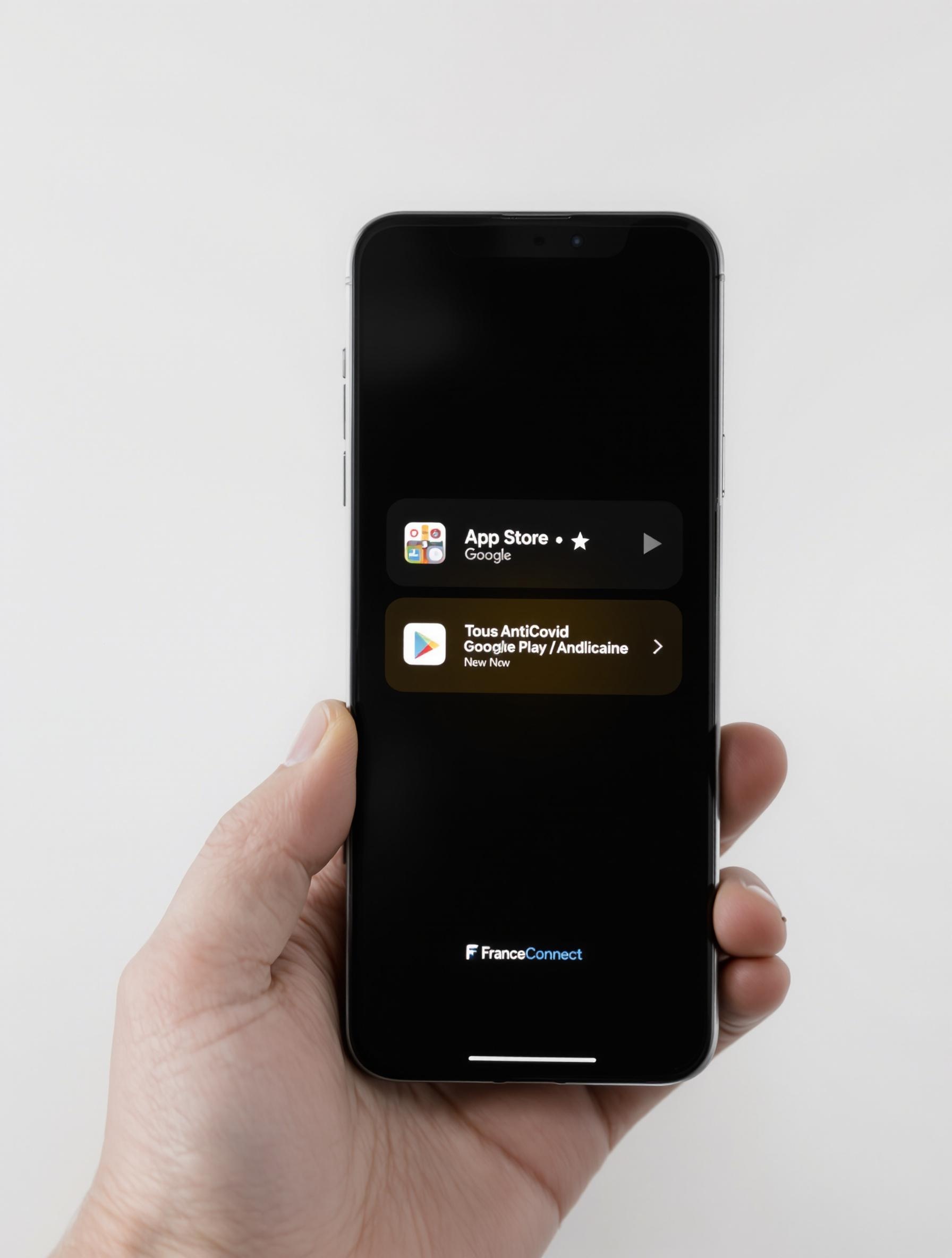 TousAntiCovid téléchargement avec App Store, Play Store et FranceConnect en fond minimaliste