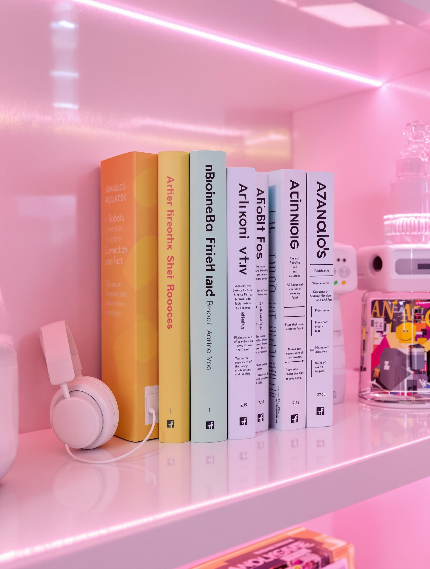 Étagère pastel avec des livres sur la robotique et des podcasts comme Analog Science Fiction and Fact