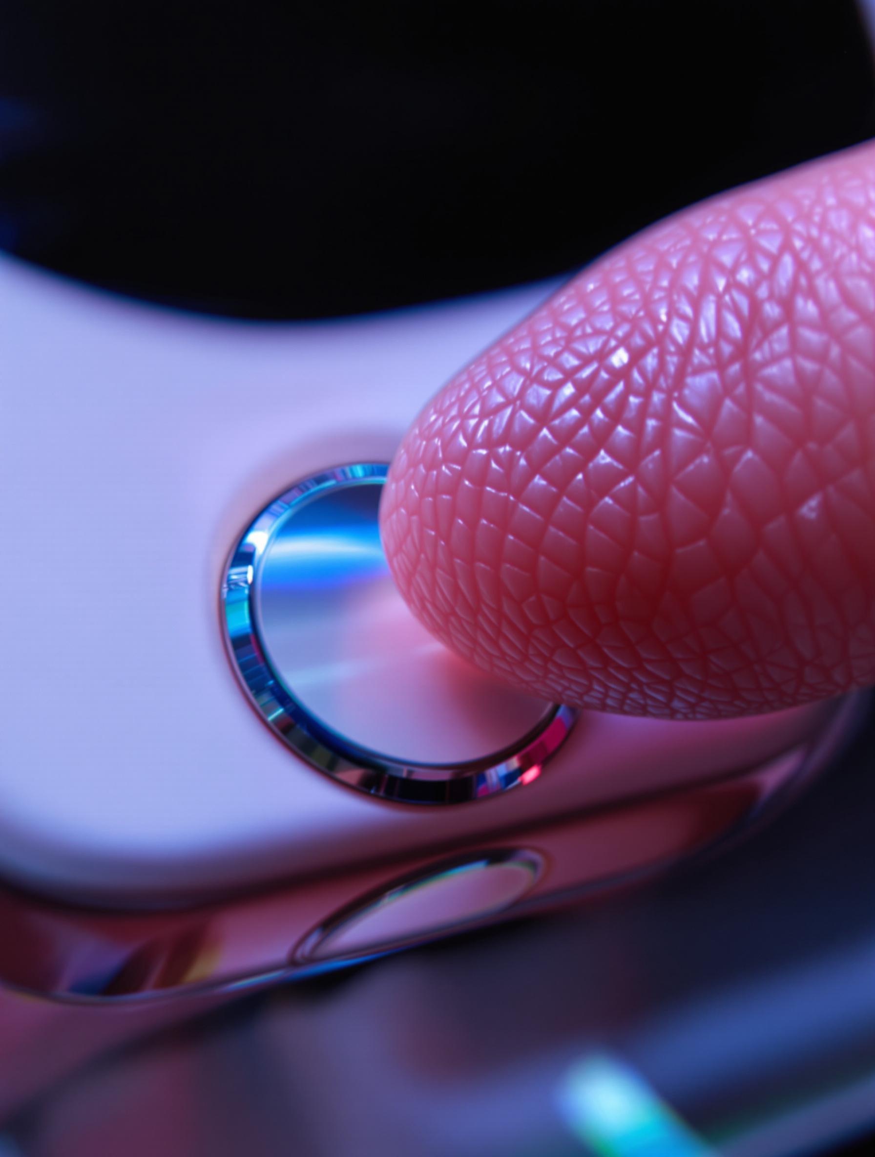 Un doigt effleurant le bouton Home rose quartz de l’iPhone SE, granuleux