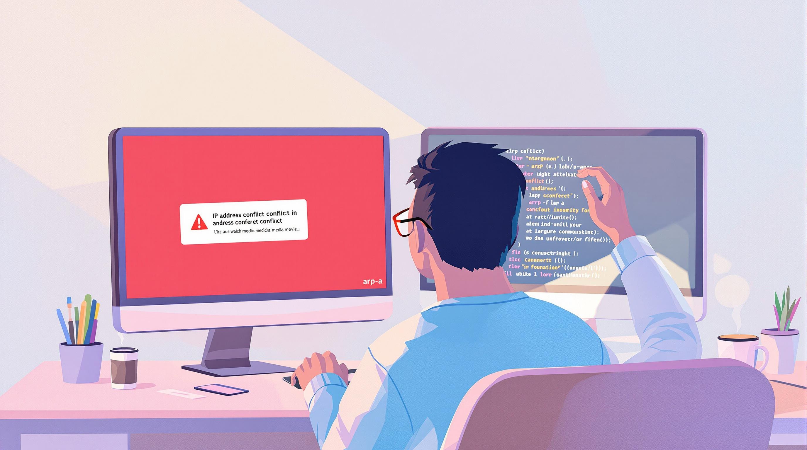 Administrateur réseau pastel résolvant un conflit IP avec arp -a et le journal DHCP