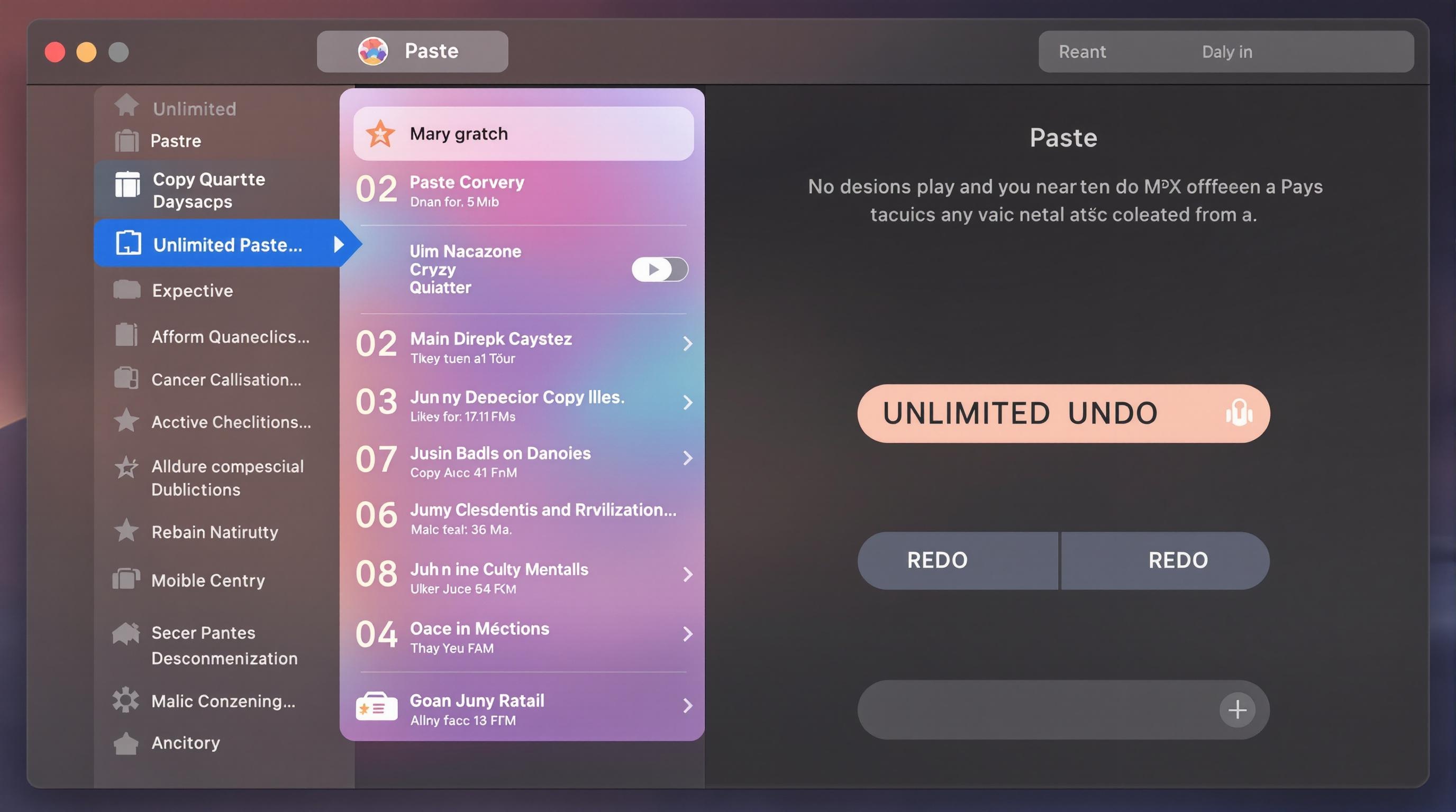 Interface de l'application Paste sur Mac