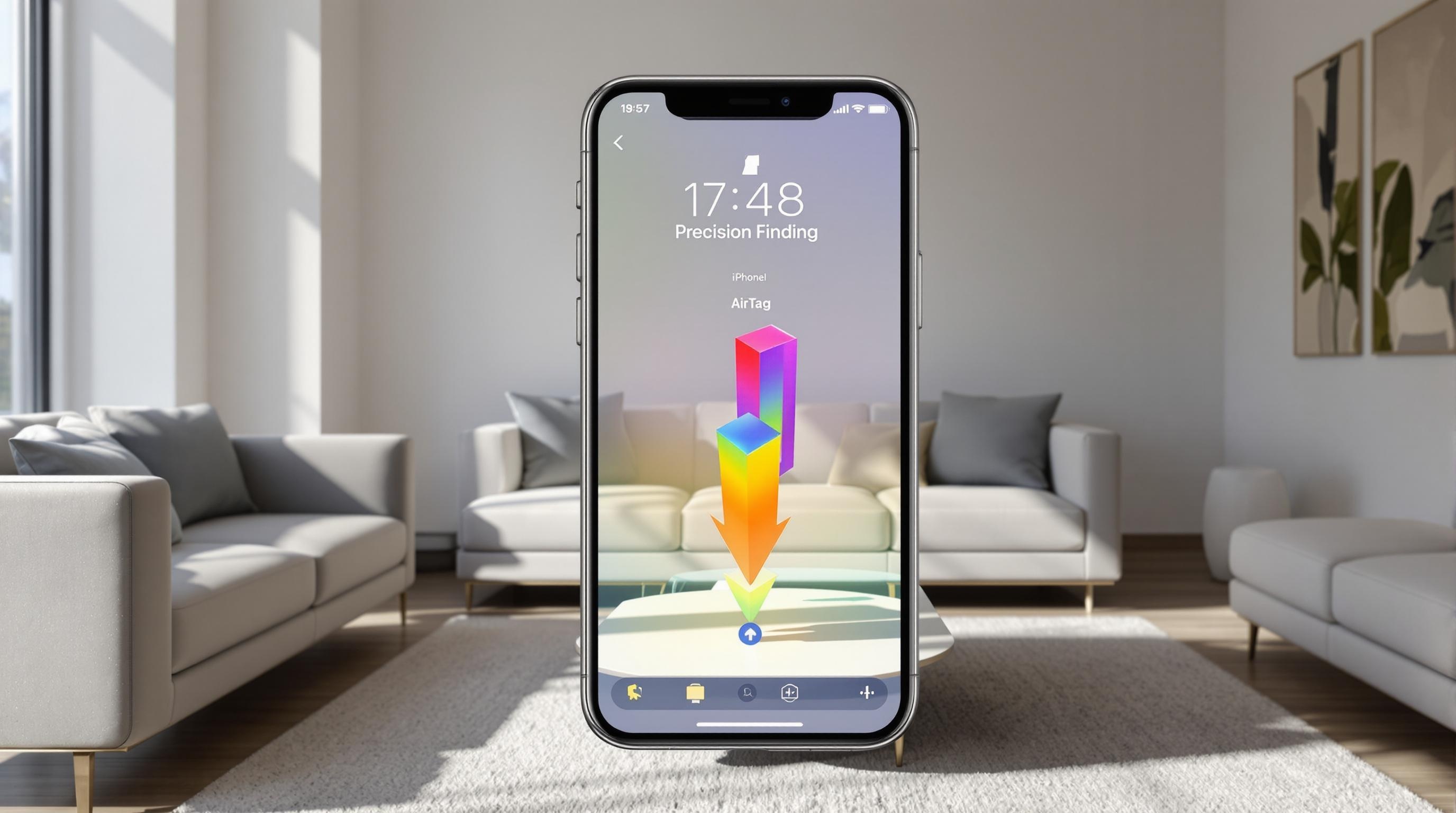 Precision Finding iPhone 15 Pro AR vers AirTag caché sous table