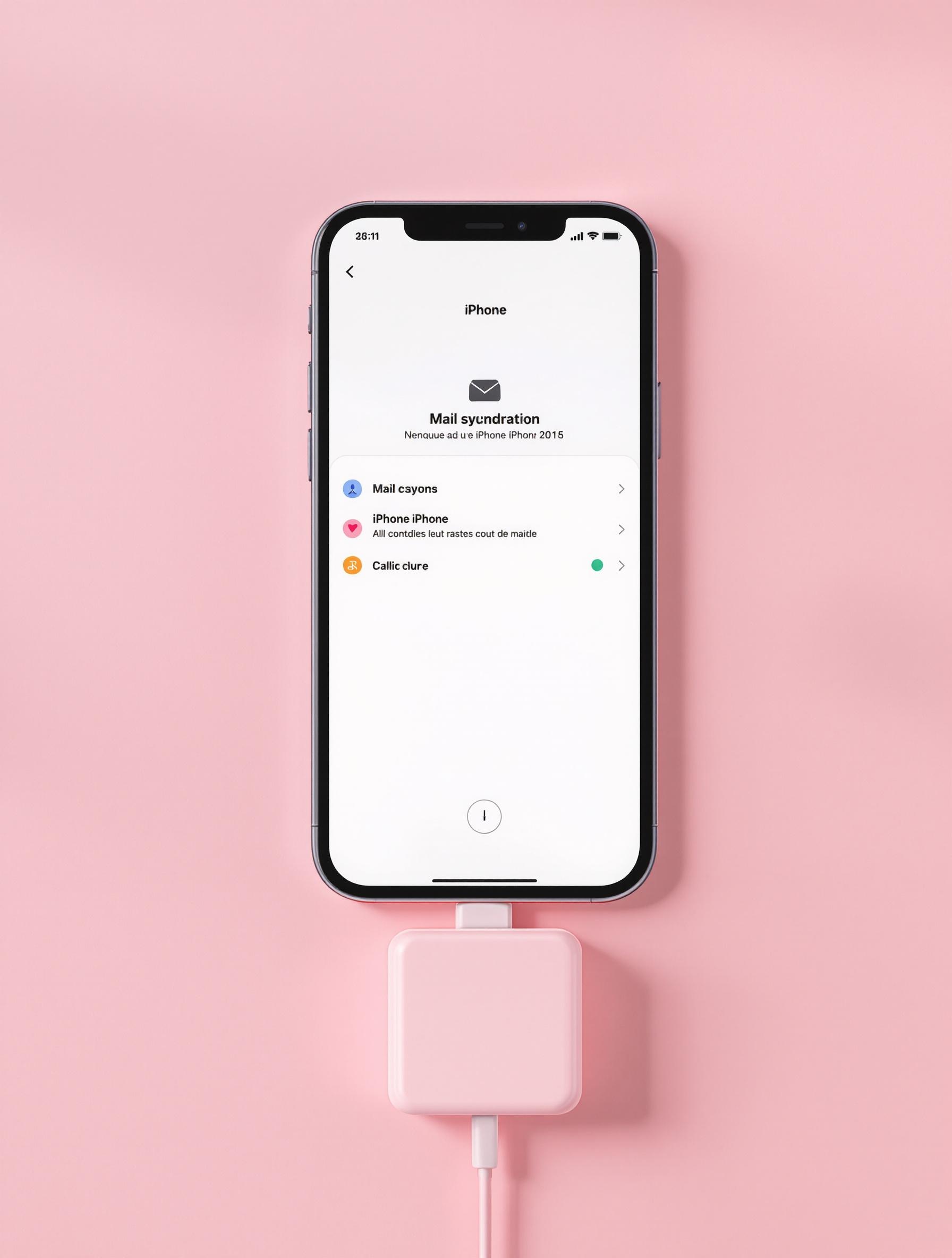 iPhone en mode synchronisation Mail, fond d’écran rose pâle, chargeur carré rose pâle branché, ambiance minimaliste pastel
