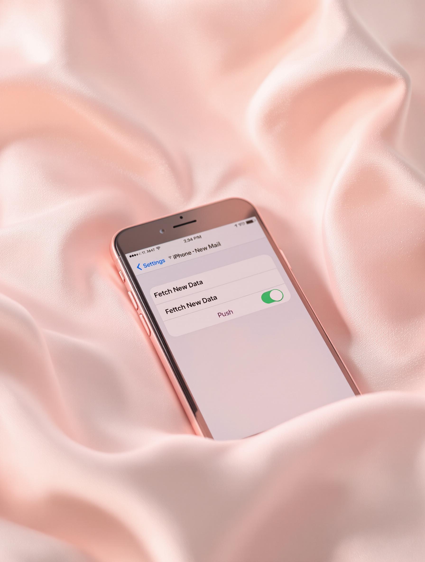 Écran Réglages Mail iOS avec Push activé, ambiance pastel cinéma