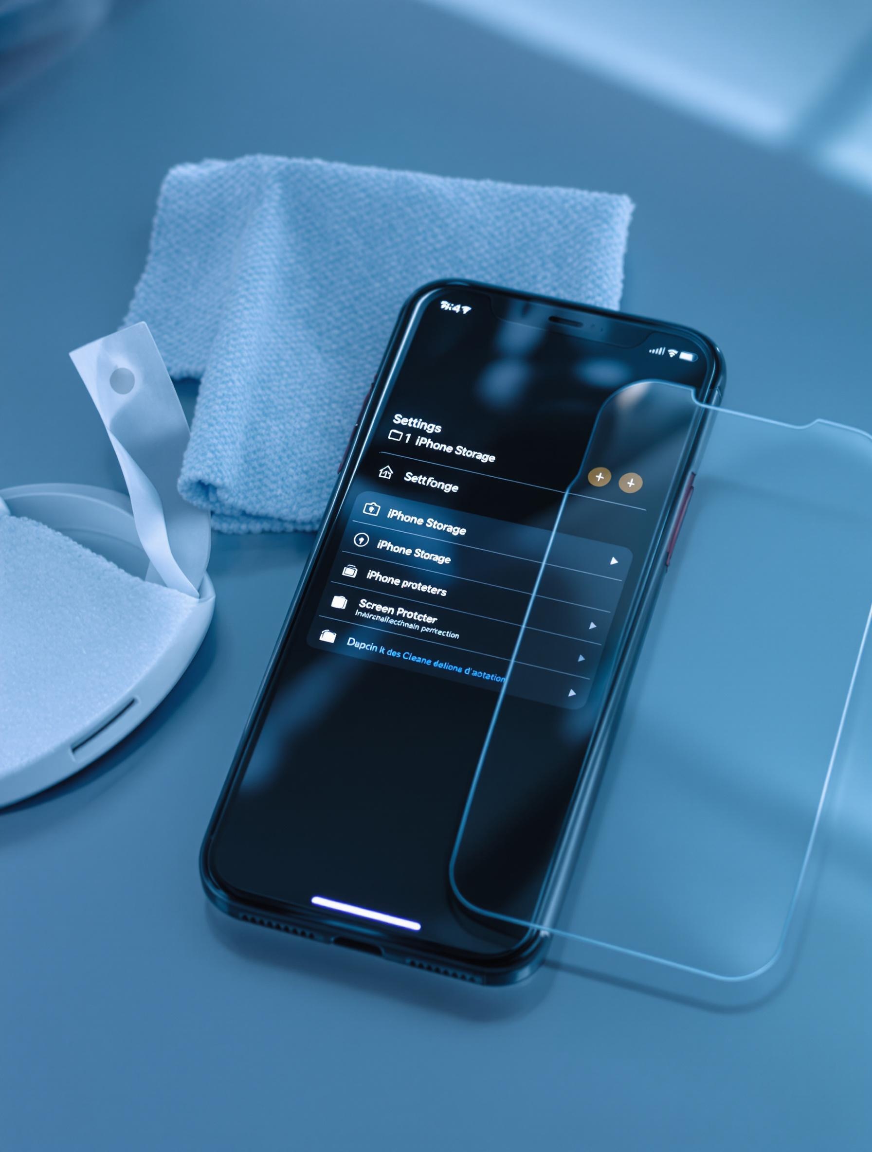 Un iPhone sur une surface brillante, écran affichant Réglages > Stockage iPhone.