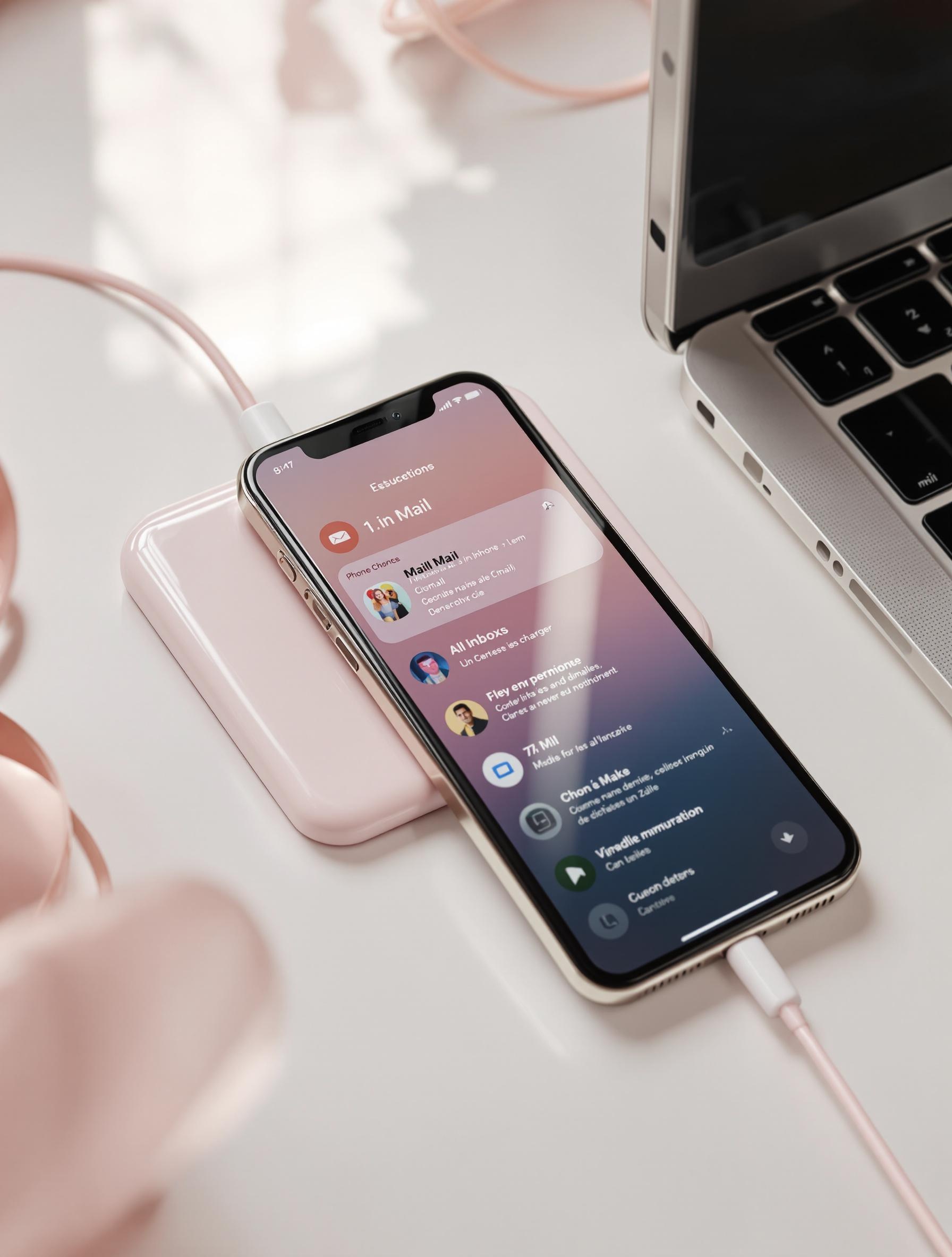 iPhone posé à côté d’un chargeur carré rose pâle, application Mail ouverte avec boîte synchronisée