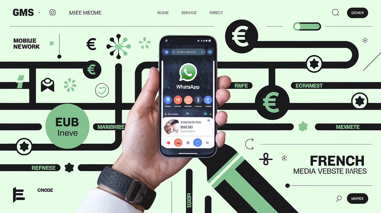 Smartphone WhatsApp entouré d’icônes de données et stickers