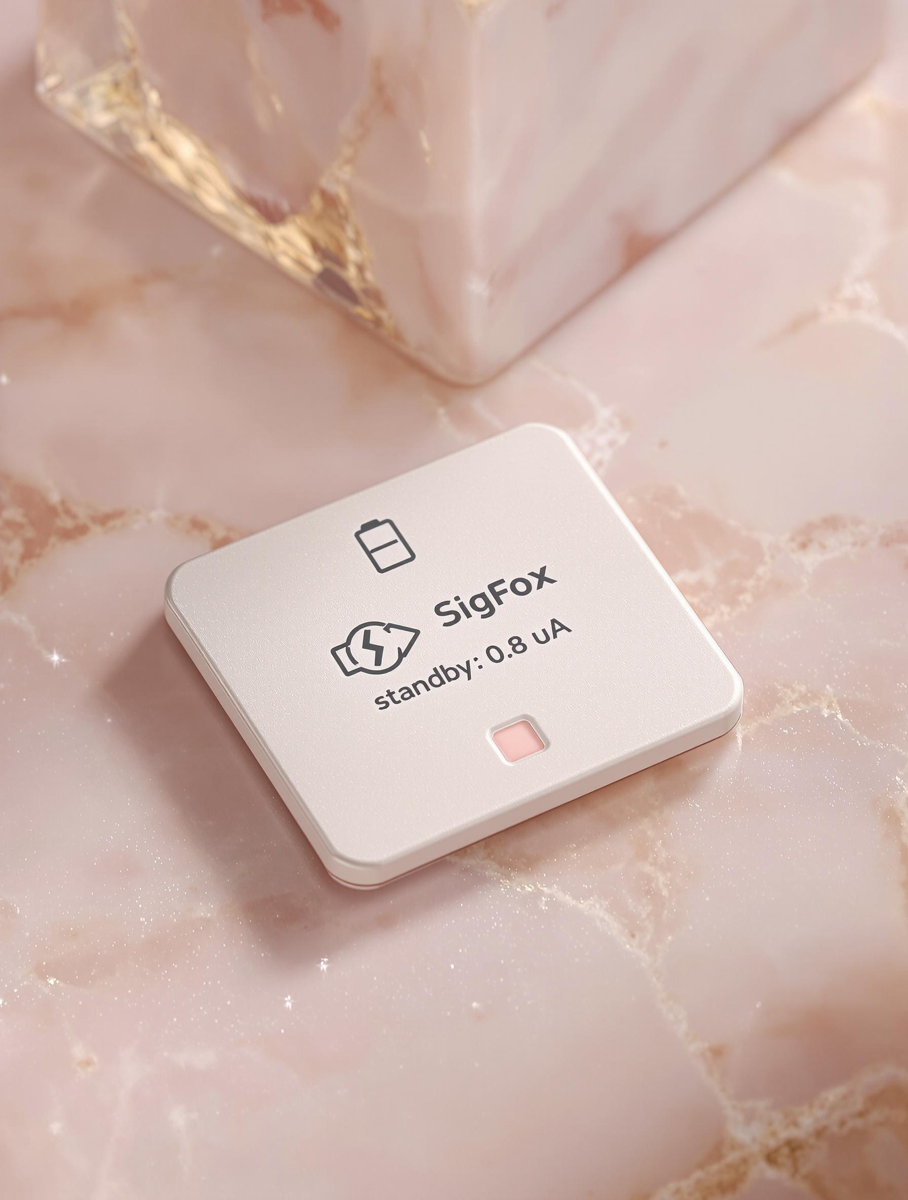 Module IoT Sigfox avec une LED rose pâle, illustrant sa faible consommation énergétique.