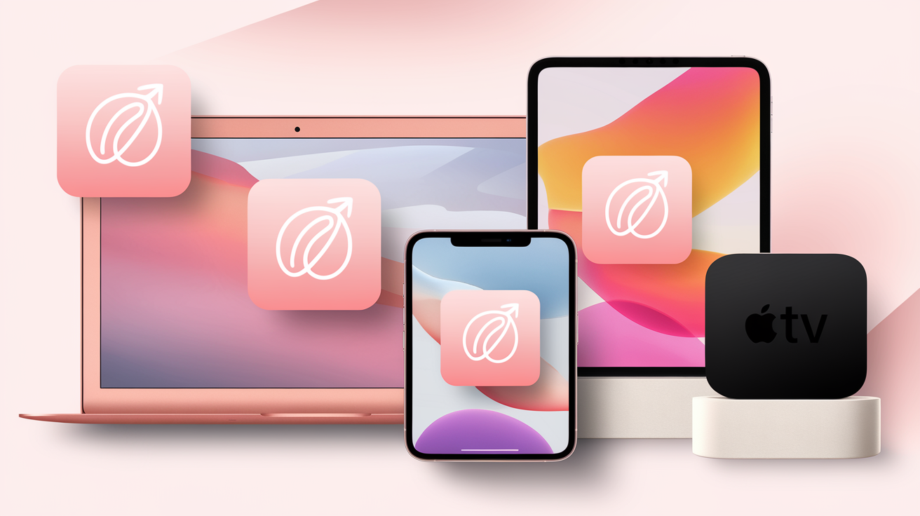 Illustration d’un MacBook envoyant un fichier via AirDrop à un iPhone et un iPad.