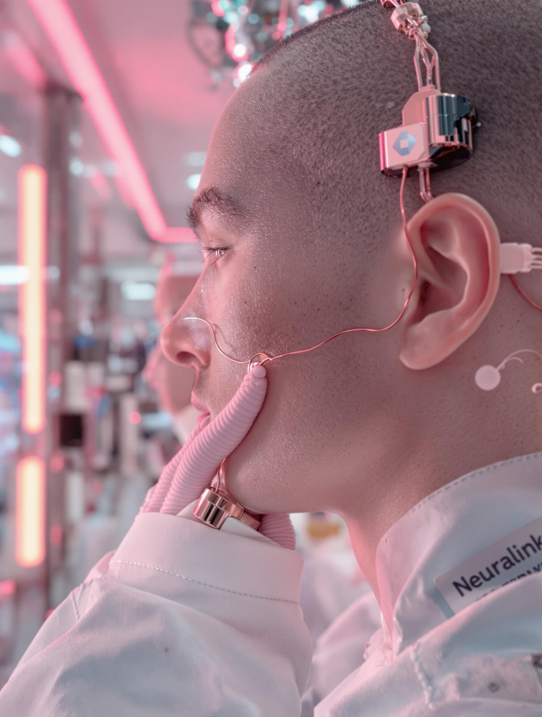 Interface cerveau-machine Neuralink implantée fils chromés rosés décor stérile