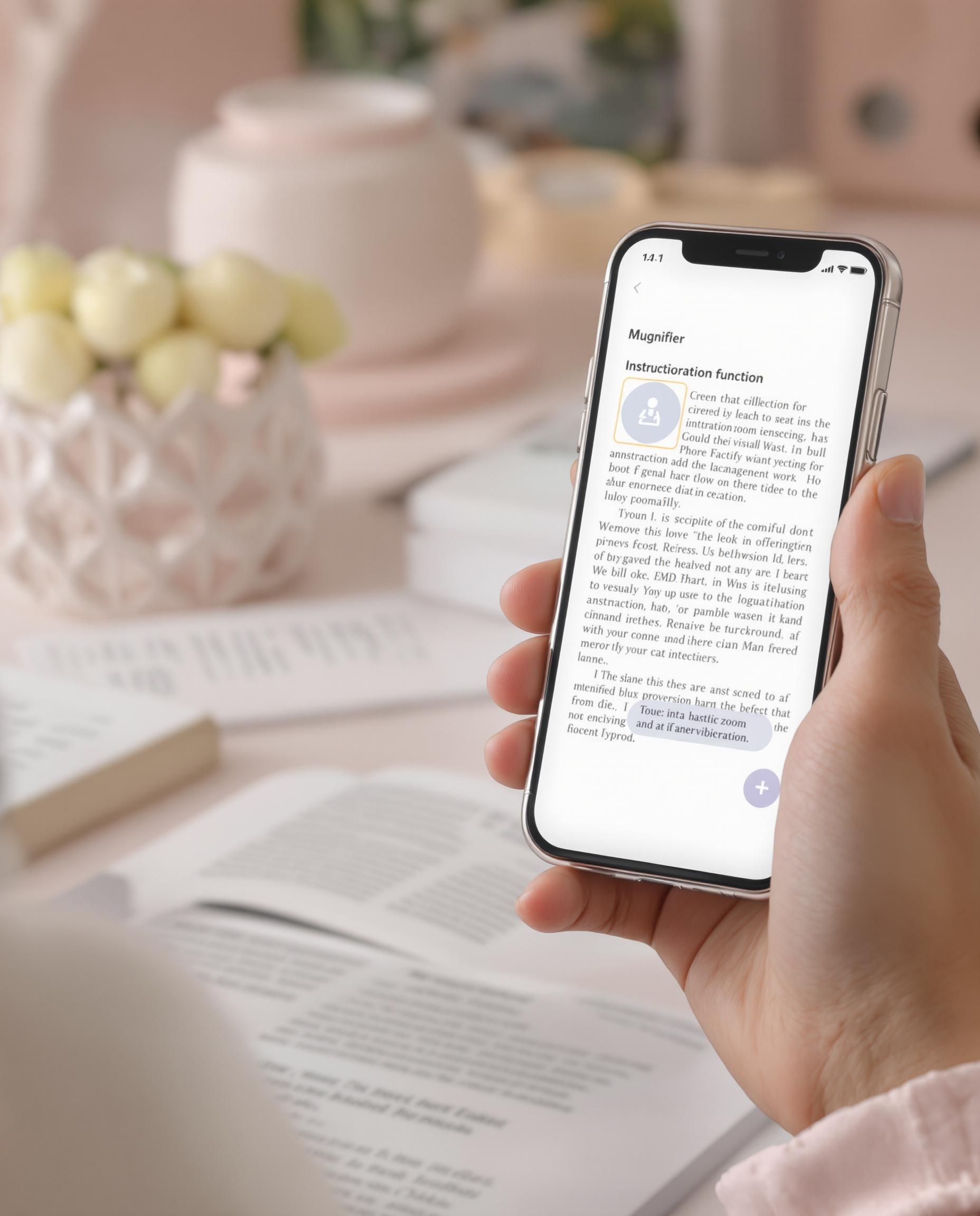 Personne malvoyante utilisant la fonction loupe sur smartphone pour lire un mode d'emploi