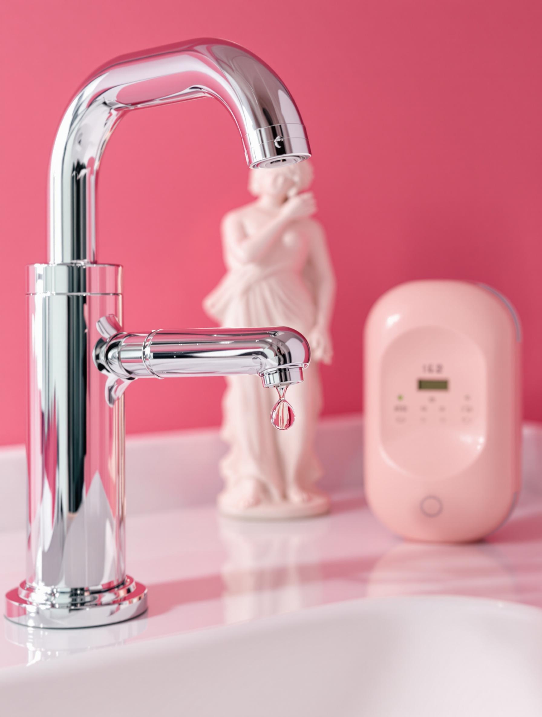 Robinet chromé, statuette Art déco et compteur d’eau connecté design rose quartz, style Wes Anderson.