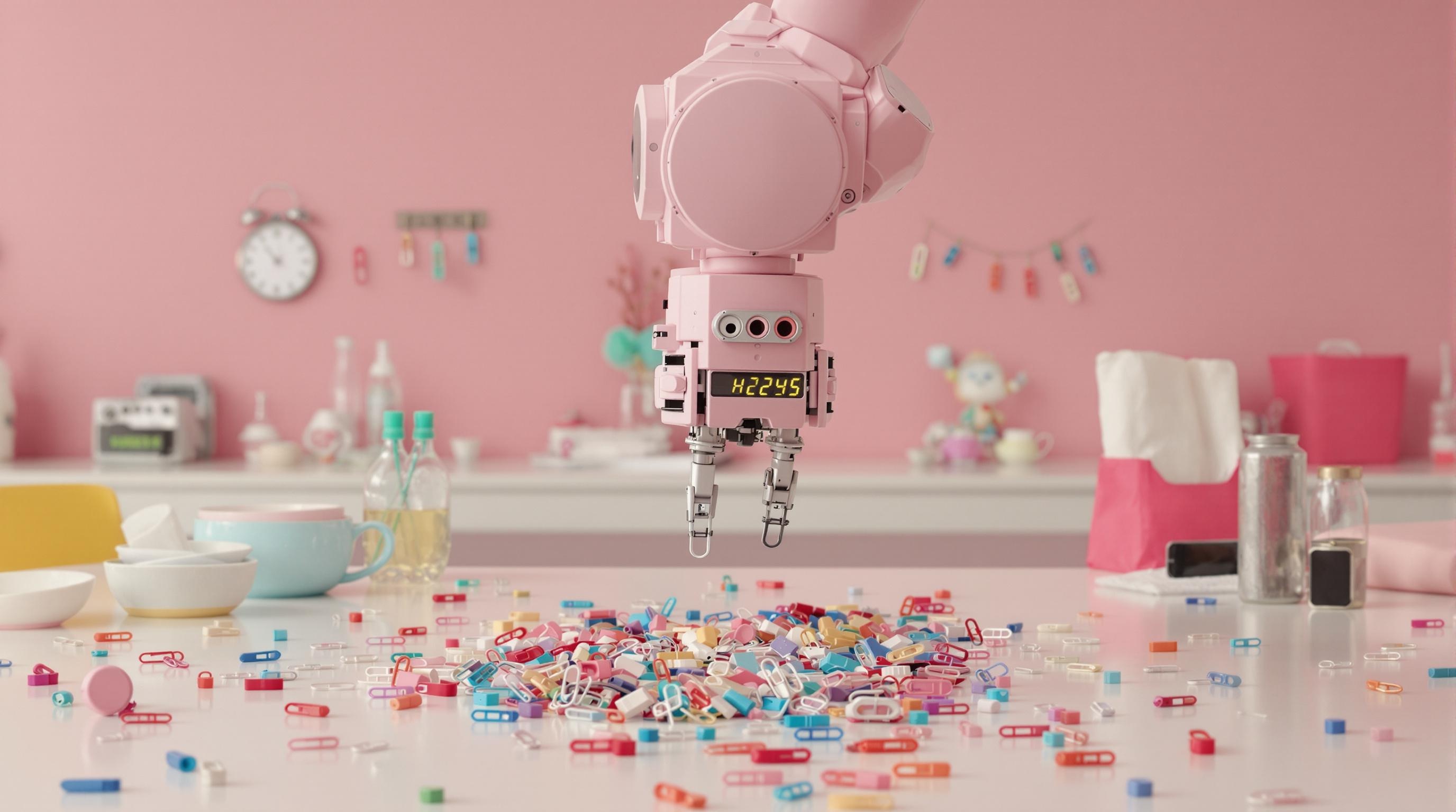 Prototype de robot industriel trieur de trombones couleur rose quartz sur banc de test