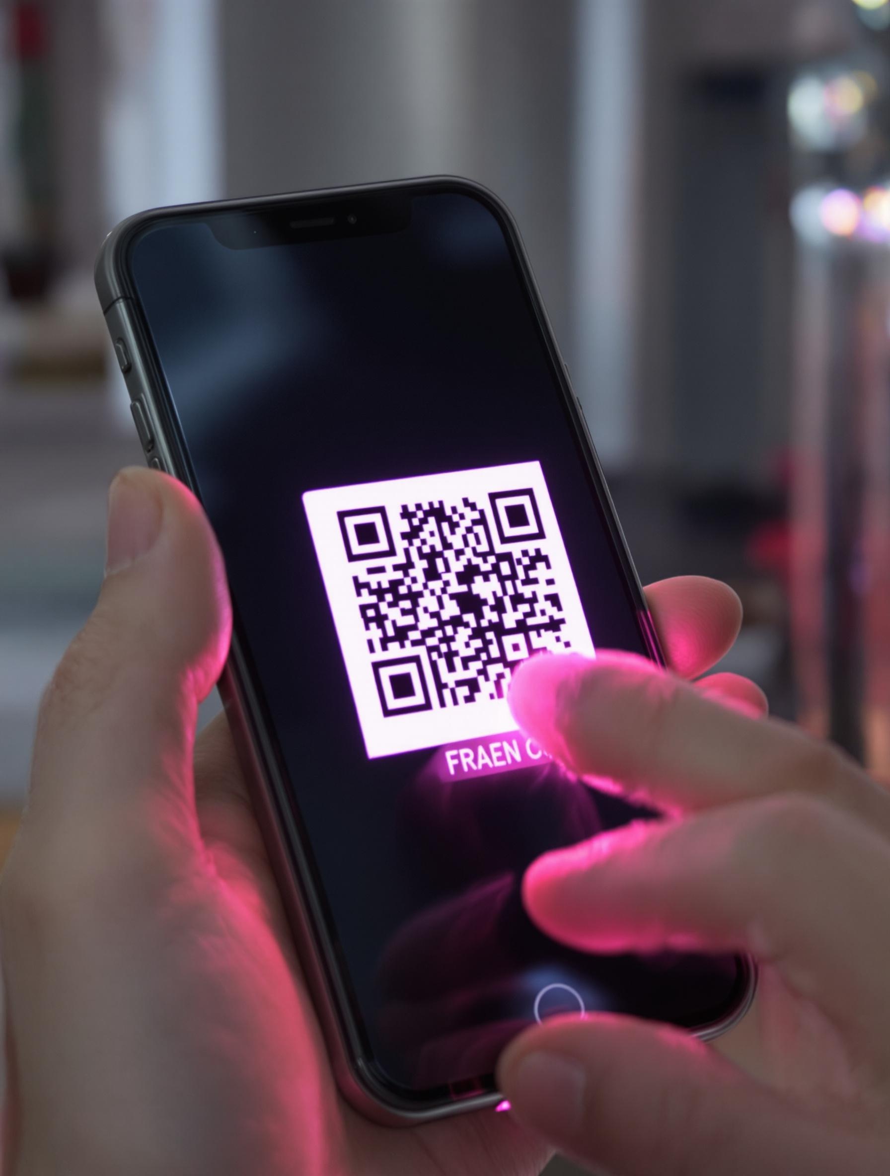 Smartphone scannant un QR Code Pass Sanitaire sous flash rose quartz symétrique kubrickien
