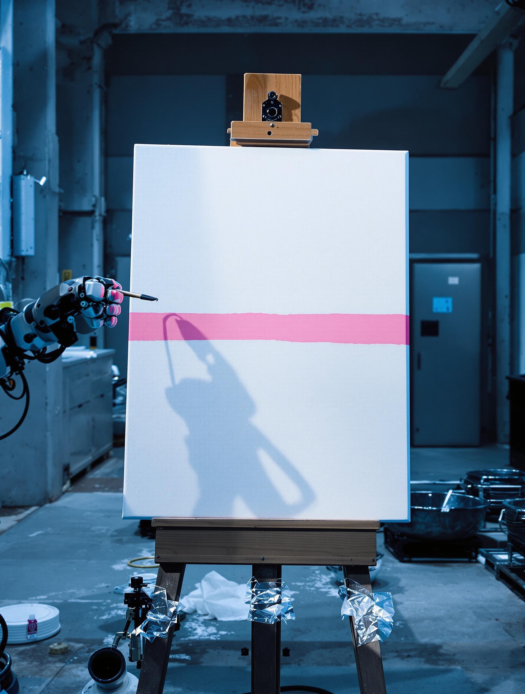 Un robot collaboratif peignant une ligne rose quartz avec précision