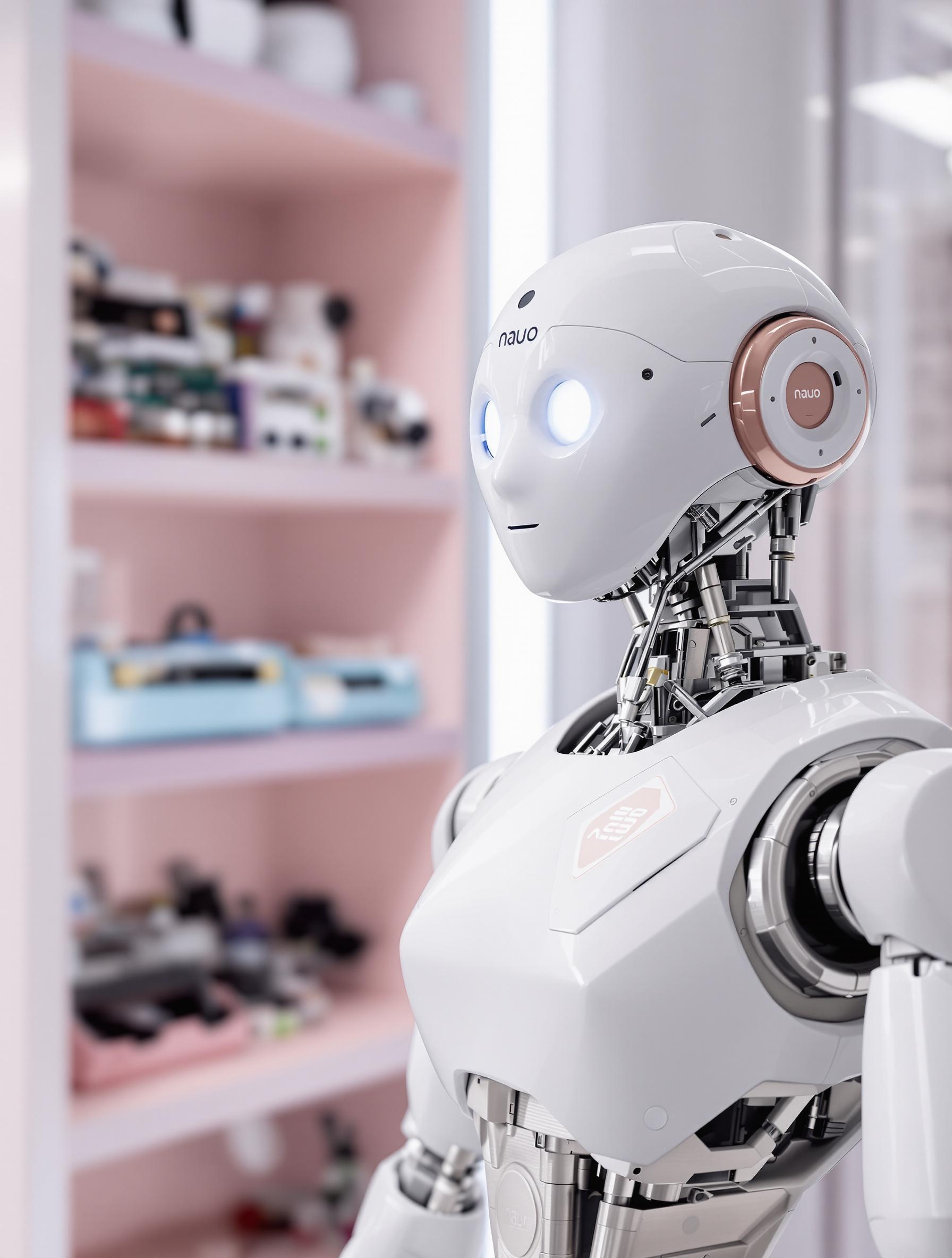 Robot humanoïde Nao blanc rose quartz dans un laboratoire