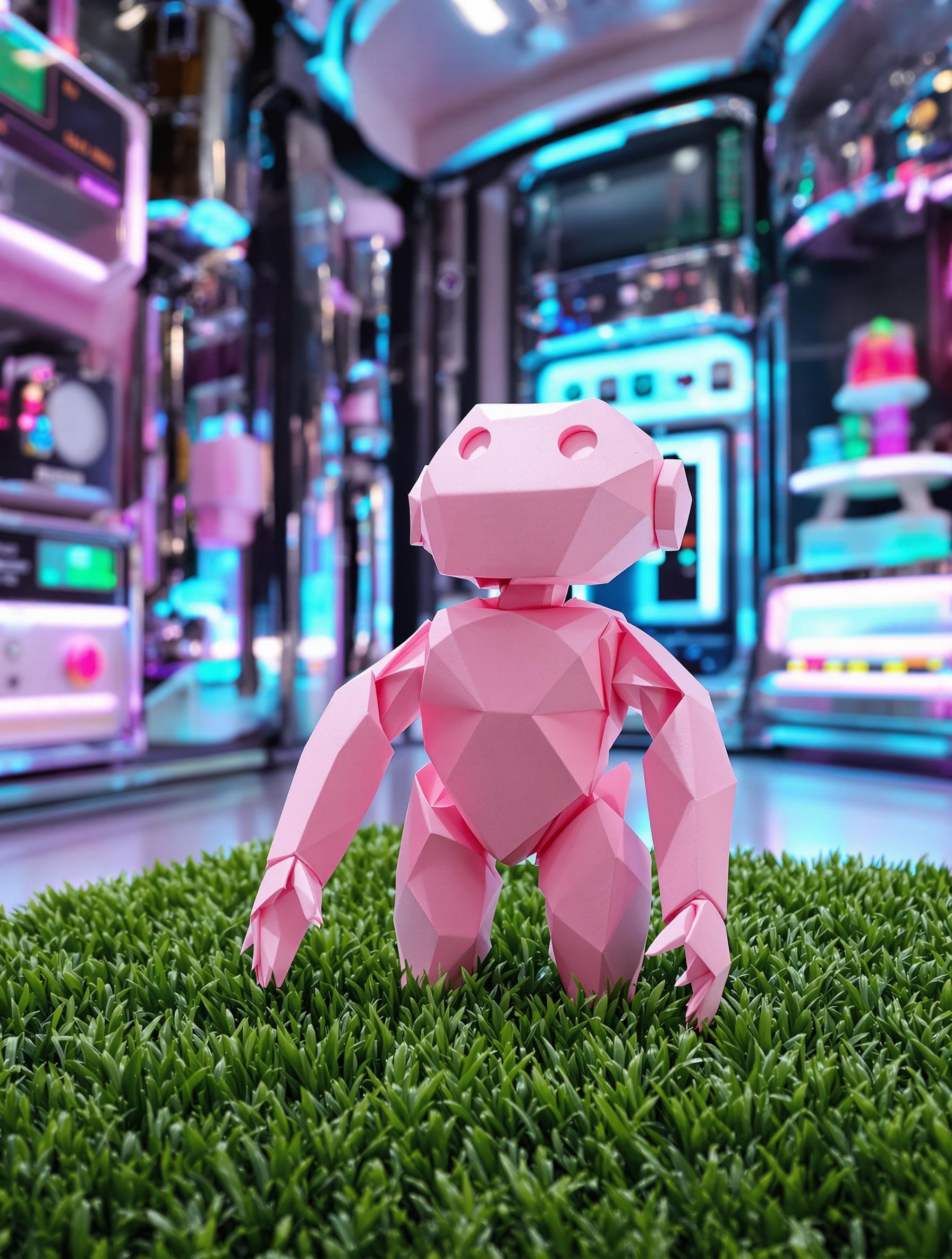 Robot origami compostable rose quartz dans un laboratoire futuriste en 2035