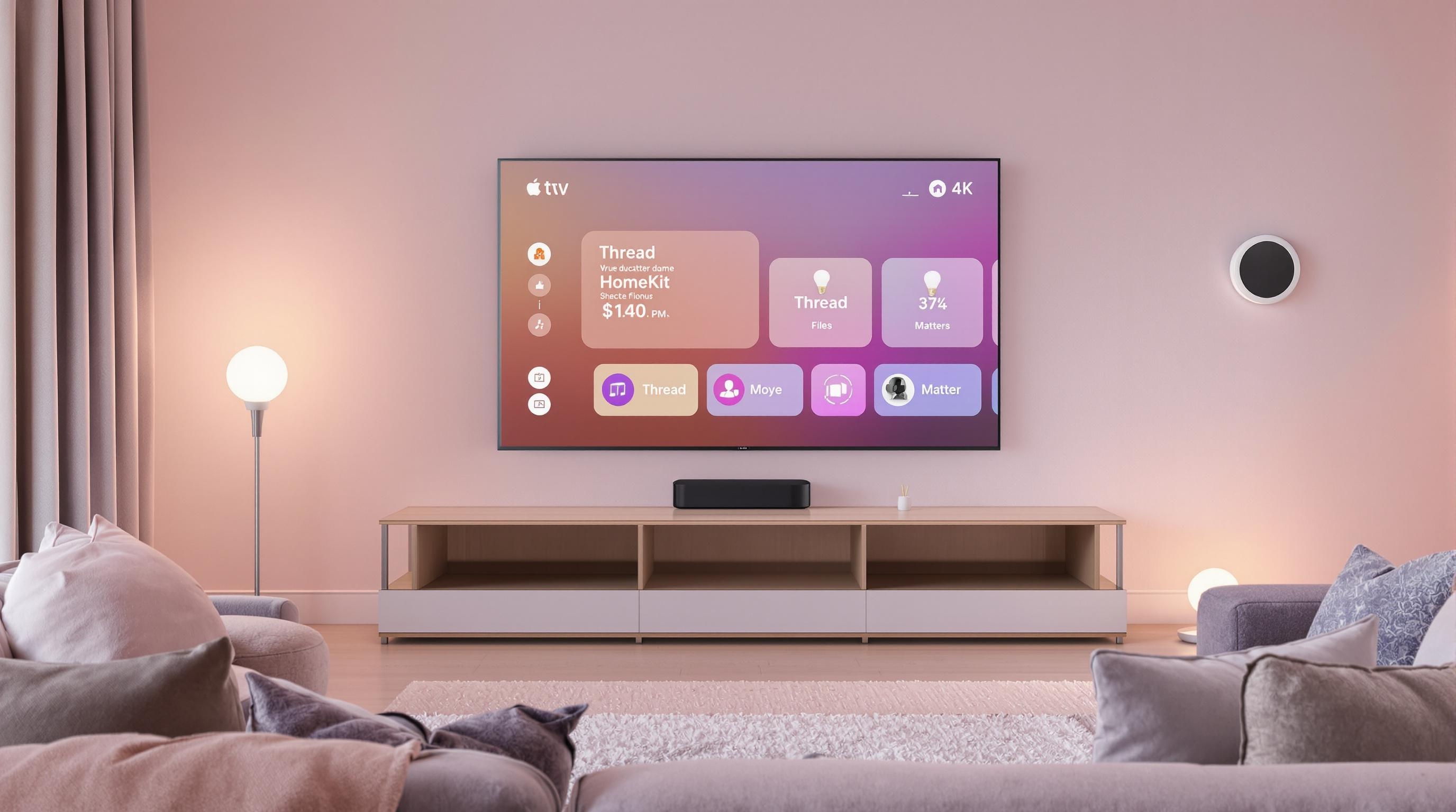 Salon connecté avec Apple TV intégrant HomeKit, Matter et Thread