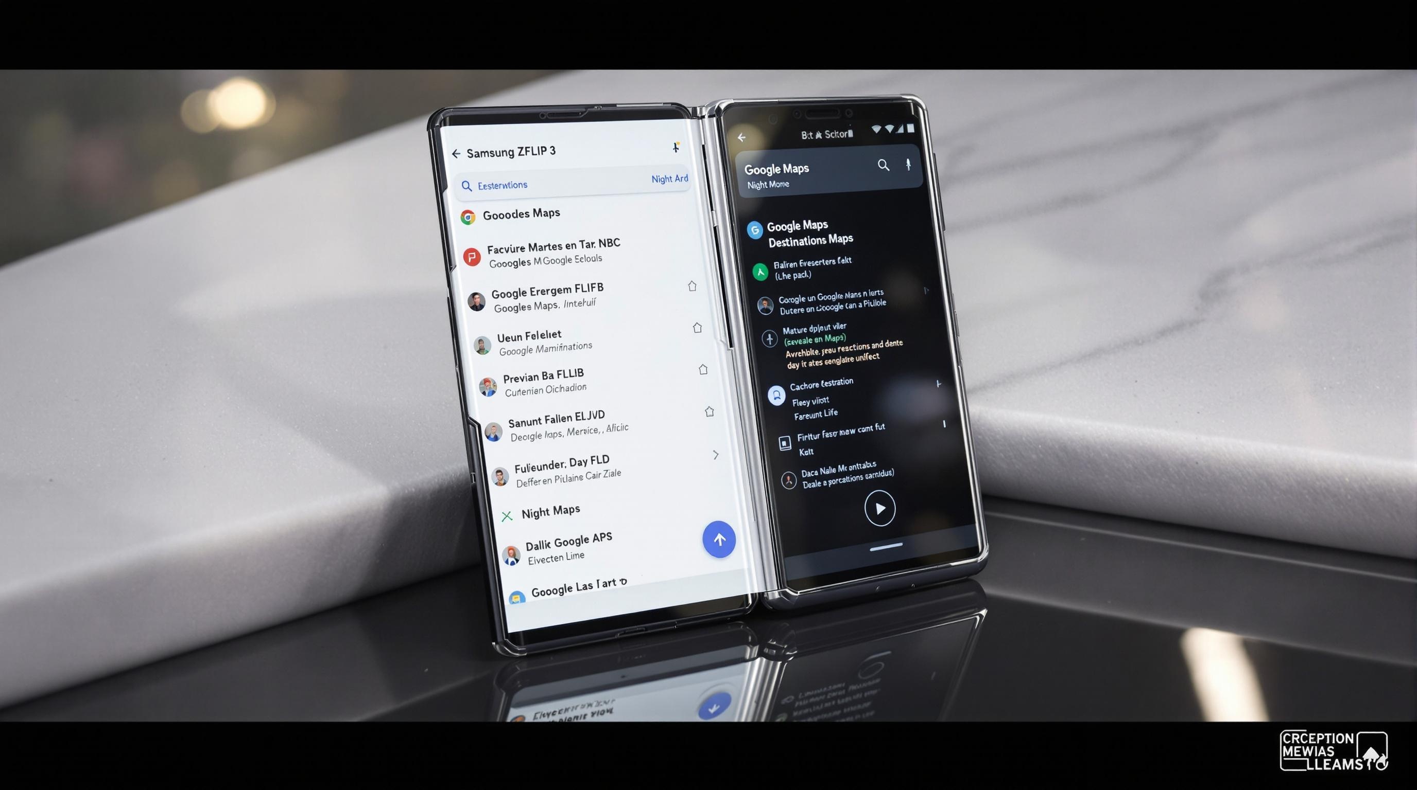 Capture haute résolution d’un Samsung ZFLIP3 en split-screen, affichant Google Maps en mode nuit. L’écran est partagé : à gauche, la liste des destinations fréquentes ; à droite, la flèche bleue de guidage prête à s’élancer.