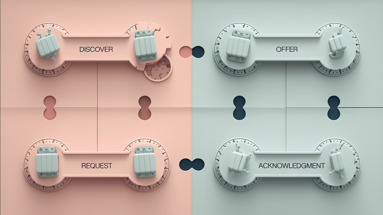 Schéma des 4 étapes du processus DHCP : Discover, Offer, Request, Ack