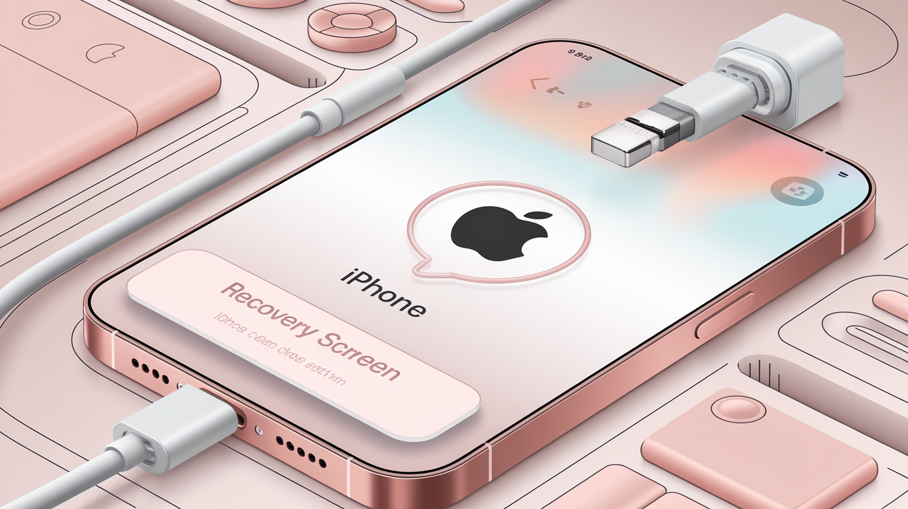 Illustration de l'écran recovery avec un câble Lightning pointant vers le logo iTunes ou Finder
