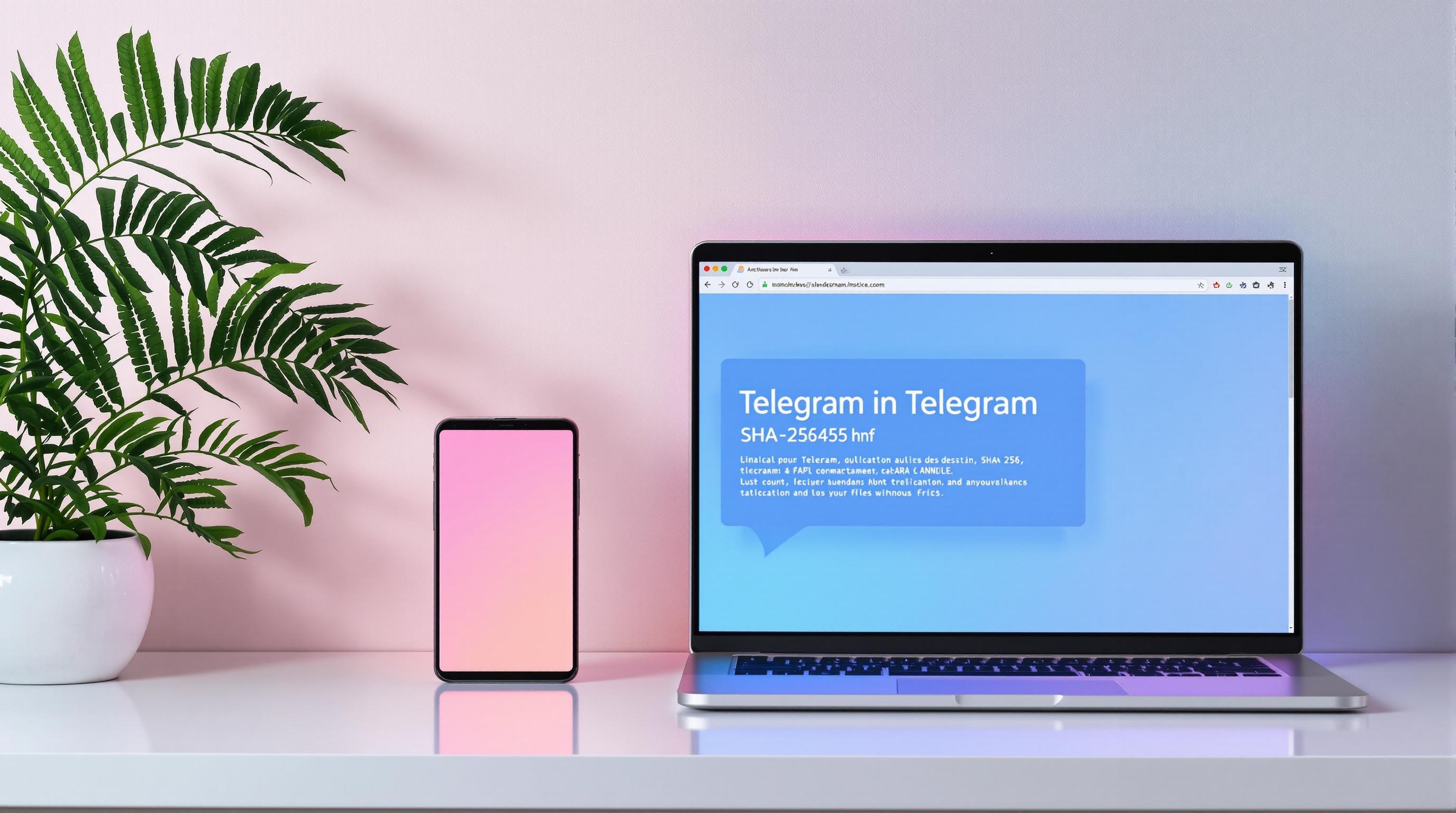 Téléchargement sécurisé APK Telegram avec hash et fougère décorative rose quartz