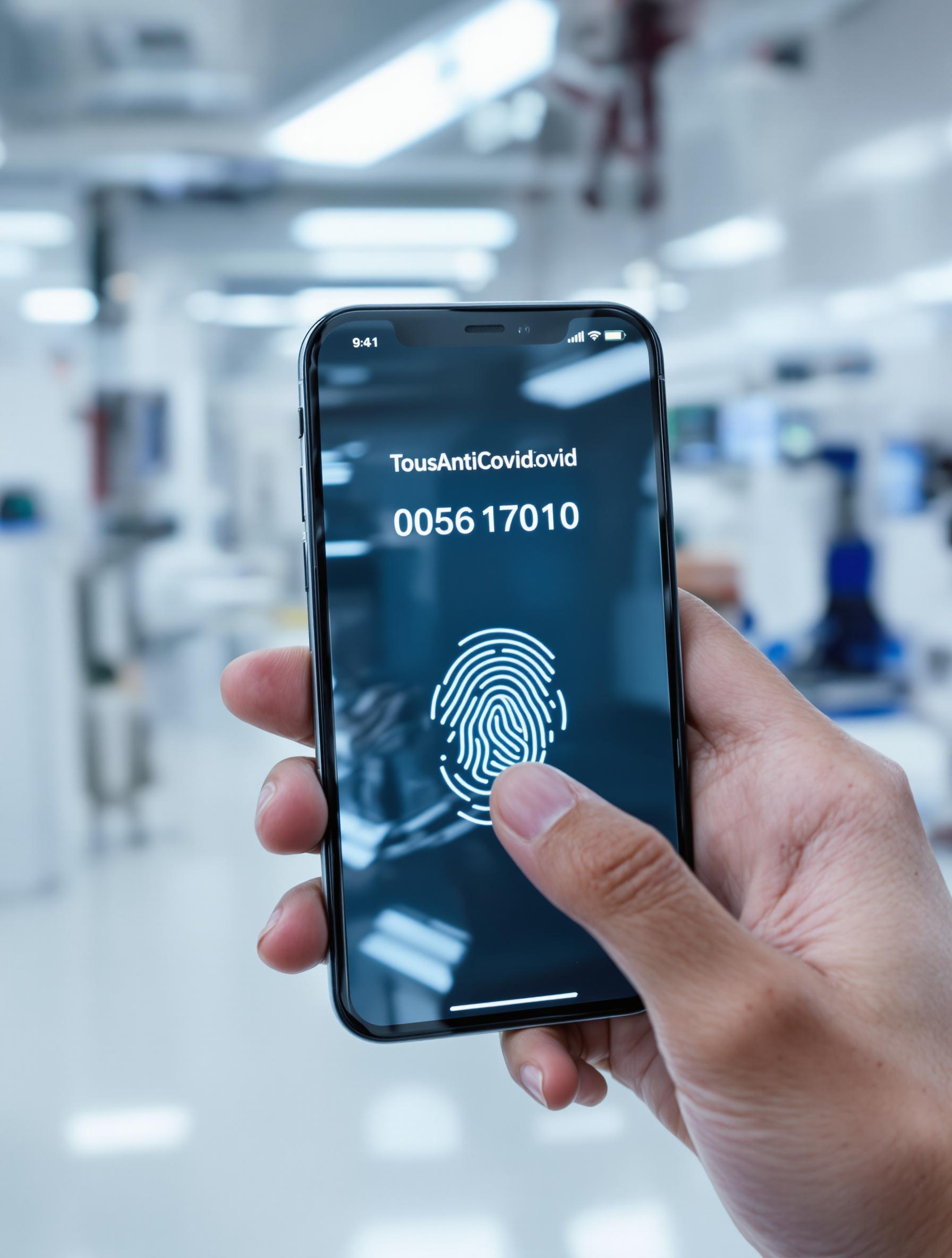 Smartphone écran verrouillage biométrique TousAntiCovid doigt empreinte clinique