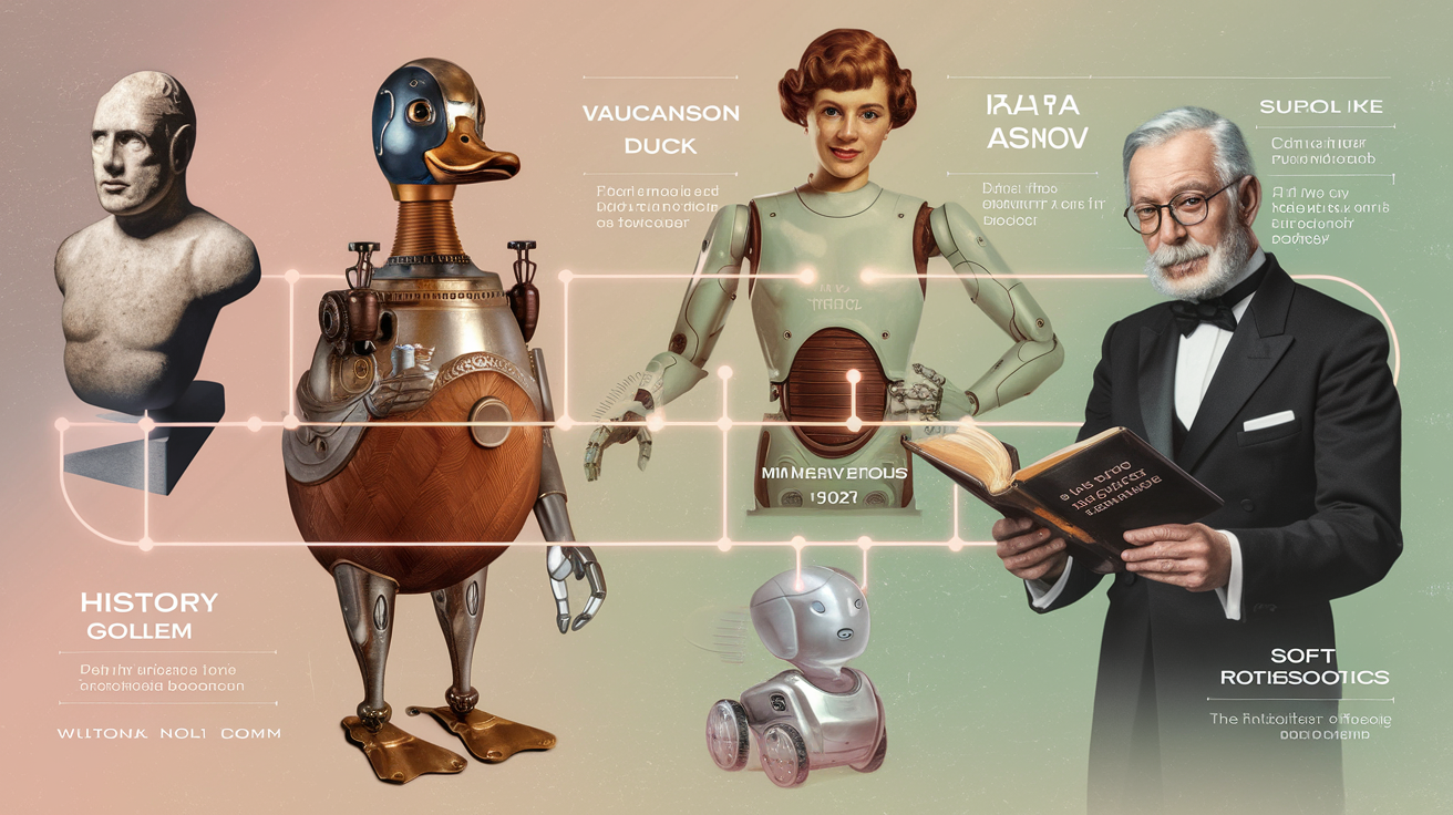 Chronologie de l'histoire de la robotique : golem, automates de Vaucanson, Metropolis, Asimov, soft-robotics