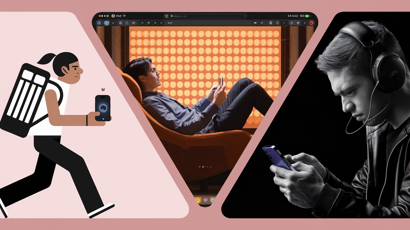 Trois profils iPhone : nomade, cinéphile, gamer sur fond rose quartz symétrique