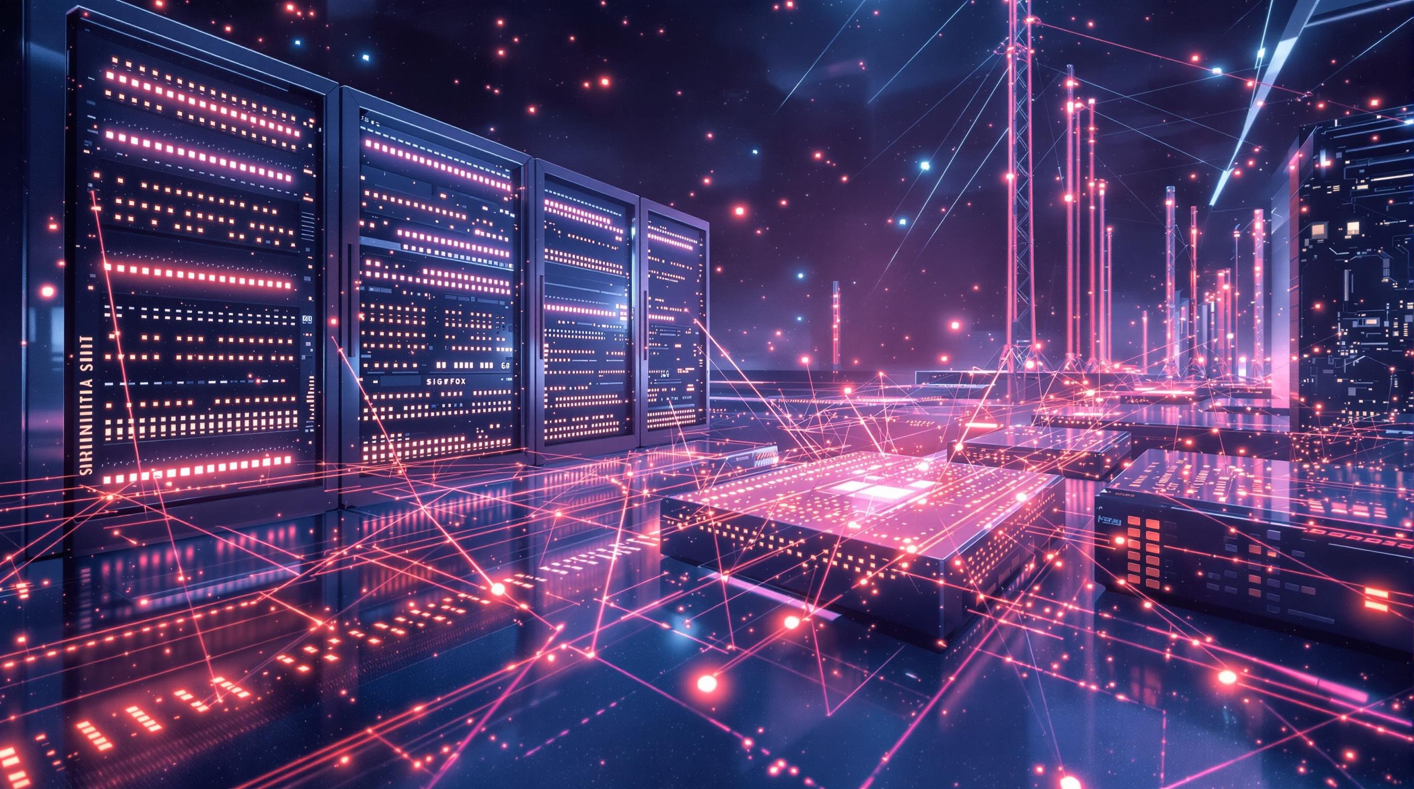 Illustration futuriste du réseau Sigfox avec des backends renforcés.